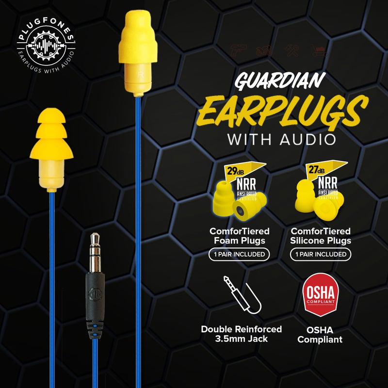 Plugfones سماعات أذن Plugfones Guardian - معتمدة من OSHA لعزل الضوضاء مع حماية السمع - سماعات أذن سلكية هجينة للعمل والسفر - تشمل سدادات أذن سيليكون ورغوة - زرقاء وصفراء - Image 2